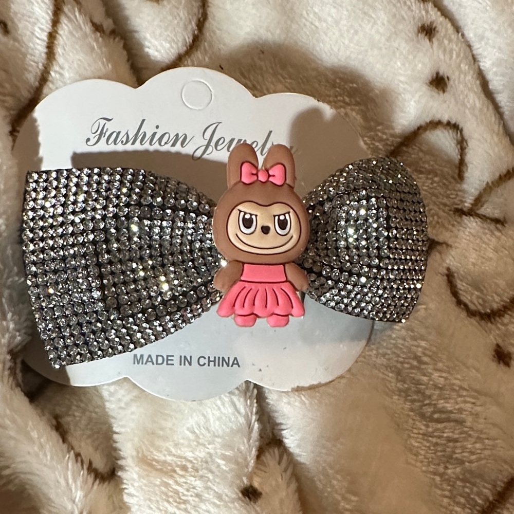 Silver Rhinestone pony tail Hair Bow  with Pink Cartoon Character. Homemade